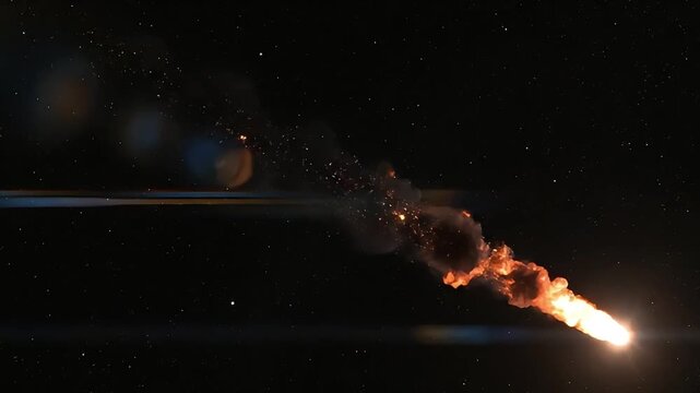 Fiery Meteoroid Streaking Across Dark Night Sky with Lens Flare.