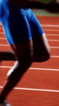 Dynamic motion blur captures a determined athlete sprinting on an outdoor track at night showcasing speed power and intense focus during rigorous training