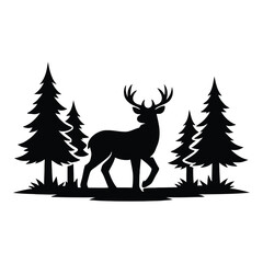 Naklejka premium Majestic Black Silhouette of a Deer in a Pine Forest