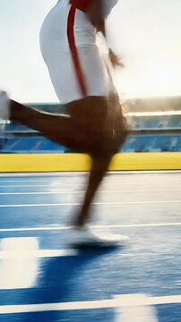 Dynamic motion blur captures a female athlete sprinting on an outdoor track during training showcasing speed determination and peak physical performance in a vibrant athletic setting