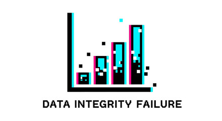 Fototapeta premium Data integrity failure concept with glitch effect on rising bar chart and pixelated dots