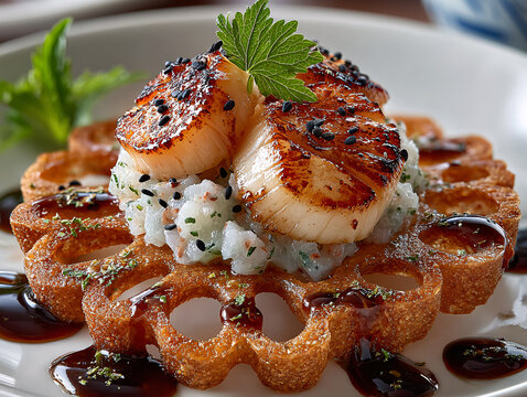 Seared scallops with a golden crust are served on a crispy lace tuile, over a bed of white cream, topped with a citrus granita, sesame seeds, microgreens, and a drizzle of dark balsamic glaze.