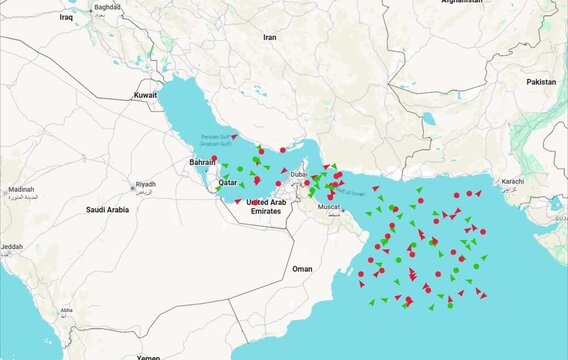 Strait of Hormuz on Geographic World Map. Chokepoint Trade Shipping Network Animation 4K