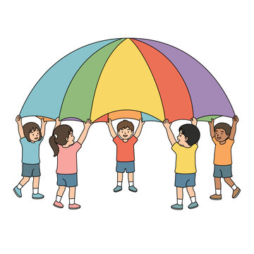Group of Children Playing a Colorful Parachute. Occupational Therapy Social play for Kids.