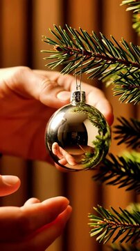 Elegant Christmas Ornament Reflects Festive Holiday Decor on a Pine Branch Against a Warm-Toned Background for Seasonal Marketing and Design
