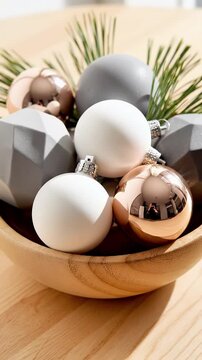 Elegant Christmas ornaments in a wooden bowl a curated collection of matte and metallic baubles in soft grey rose gold and white tones for holiday decor