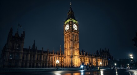 Fototapeta premium A grand clock tower bathed in golden light against a dark night sky, surrounded by buildings and city lights