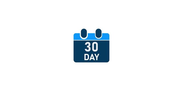 A flat calendar showing the number 30 and the word DAY in red, with a blue header and dark blue body, isolated on a white background. Keywords: calendar, date, day, 30, thirty, symbol