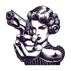 Naklejka premium woman in retro clothes pointing a gun