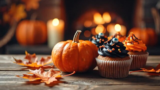 Delicious Halloween cupcakes and pumpkins on a wooden table, festive autumn background.