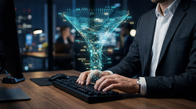 Protection of users&rsquo; personal information. Secure customer data management. Businessman using laptop computer with information security system.