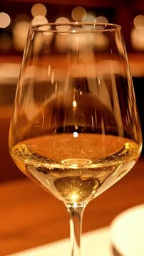 Elegant glass of white wine sparkles in warm light creating a luxurious and celebratory atmosphere perfect for fine dining special occasions or lifestyle marketing