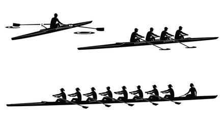 A dynamic depiction of rowing crews in action showcasing synchronized movement and athletic prowess silhouette high quality professional detailed modern © FAM
