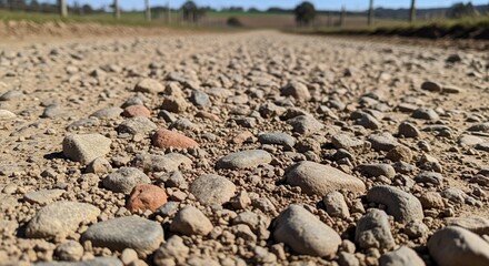 Dirt road with gravel and pebbles leading into farmland, showcasing natural landscape and textures of the road surface. Dirt road is surrounded by fields and trees, perfect for outdoor photography.