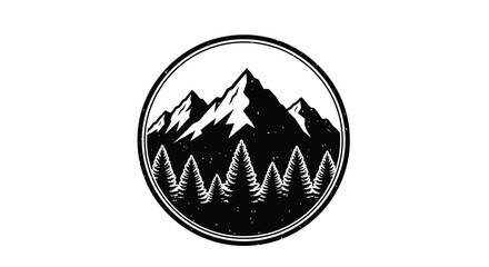 Mountain range and pine trees within a circular frame silhouette