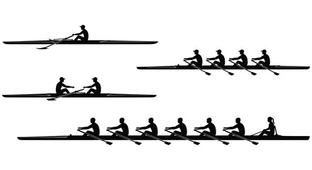 A depiction of rowers in various boat sizes showcasing a minimalist black and white style silhouette high quality professional detailed modern © FAM
