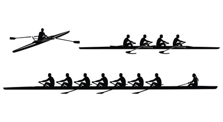 A striking black and white depiction of rowing crews in action showcasing dynamic movement and form silhouette high quality professional detailed © FAM