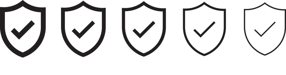 Shield check mark icon set security protection verification safety approval black and white. security icon with check mark and lock sign © MDParveg