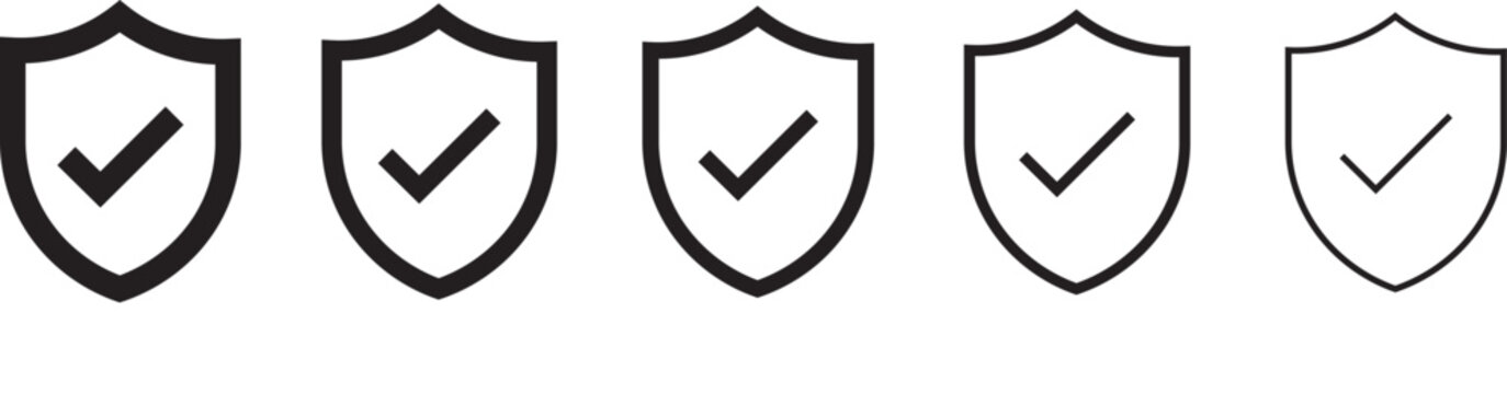Shield check mark icon set security protection verification safety approval black and white. security icon with check mark and lock sign