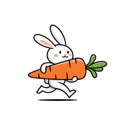 Cute cartoon bunny running with a giant carrot, happy easter rabbit character, vector illustration