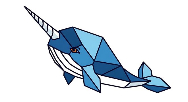 A geometric illustration of a narwhal whale, featuring shades of blue and a long tusk, against a white background