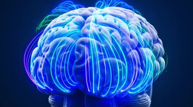 Close-up otak manusia dengan gelombang listrik berwarna neon bergerak seperti sinyal energi, konsep brain frequency dan consciousness."Close-up of human brain with neon colored electrical waves moving