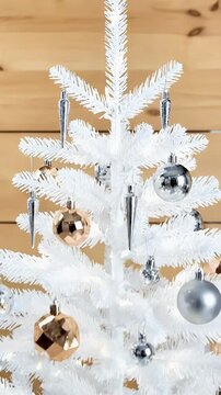 Elegant white Christmas tree decorated with silver and gold ornaments against a warm wood panel background evoking festive joy and winter holiday cheer