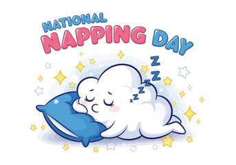 Fototapeta premium Cute cloud character sleeping for national napping day celebration