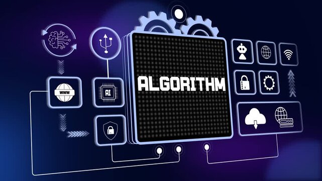 Algorithm technology concept with digital icons of artificial intelligence, cloud computing, data security and global network