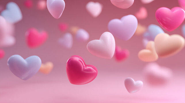 Floating hearts of various colors and sizes on a soft pink background
