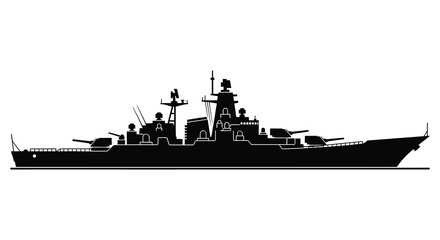 A stark black silhouette depicts a large naval warship with detailed structures evoking maritime power silhouette high quality professional modern elegant © FAM