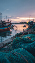 Fototapeta premium Fishing net sunset harbor boat sea dusk rope coastal village Fishing net with colorful float ball lies on wooden pier near calm harbor at sunset