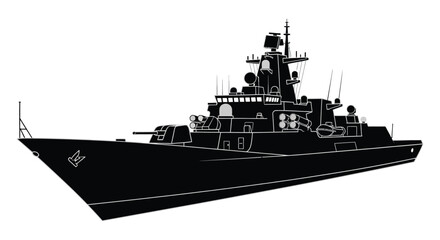 A stark black silhouette of a modern naval destroyer ship featuring detailed structures and weaponry silhouette high quality professional elegant stylish © FAM
