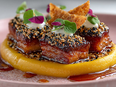 Glazed pork belly cubes are served on a vibrant yellow puree, topped with a dollop of white sauce, toasted sesame seeds, microgreens, and a large crispy tuile for dramatic height.