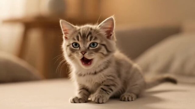 Adorable Tabby Kitten Expressing Various Emotions on a Bed.