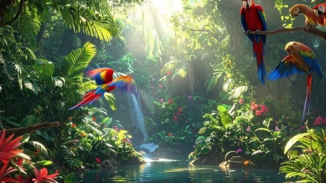 Vibrant illustration of a lush tropical rainforest with colorful parrots, a waterfall, and a serene pond.