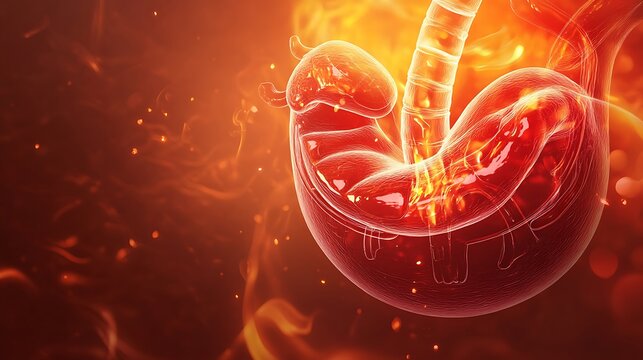 Detailed illustration of human stomach anatomy with esophagus and duodenum in a vibrant orange background