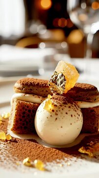 Exquisite Chocolate Dessert with Golden Accents - A Luxurious Fine Dining Experience Featuring a Sphere of Creamy Panna Cotta and Brownie Layers