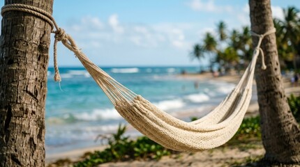 Obraz premium Hammock hanging between two palm trees on a tropical beach with ocean waves and blue sky