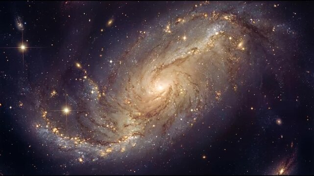 Spiral galaxy rotates gently with warm golden star clusters embedded in dusty glowing arms around a creamy white core creating serene cinematic depth and seamless looping motion