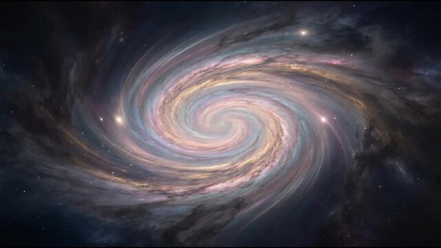 Spiral galaxy rotates gently with pastel pink lavender pale gold and cool blue clouds forming a smooth vortex with calm cinematic depth and seamless looping motion