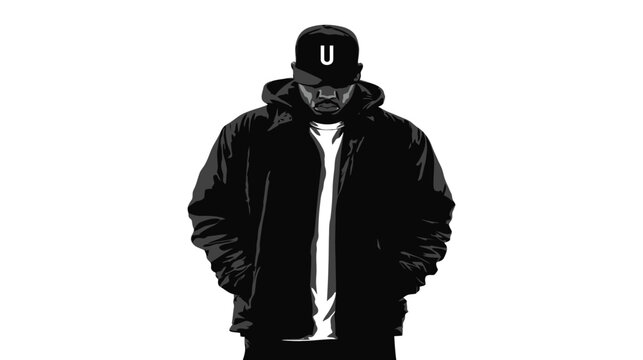 Cool urban street style illustration of an anonymous person in a black hooded jacket and baseball cap, monochrome graphic art.