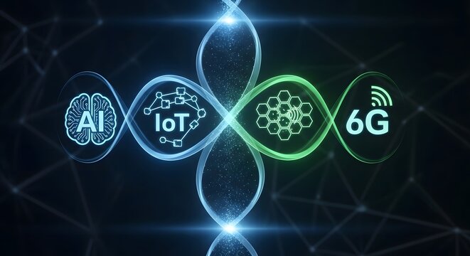 Future technology integration featuring artificial intelligence iot and 6g network symbols