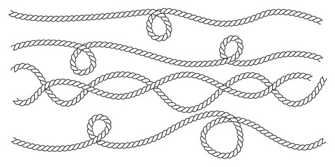Diverse set of twisted gray rope lines with knots and loops isolated on a transparent background for various graphic projects © SAYEMART