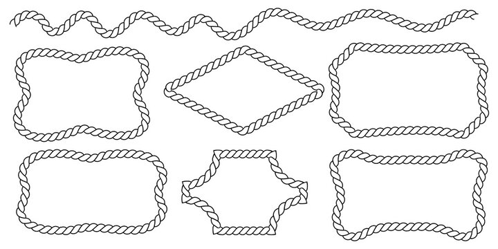 Assortment of gray twisted rope frames and borders in various shapes isolated on a transparent background