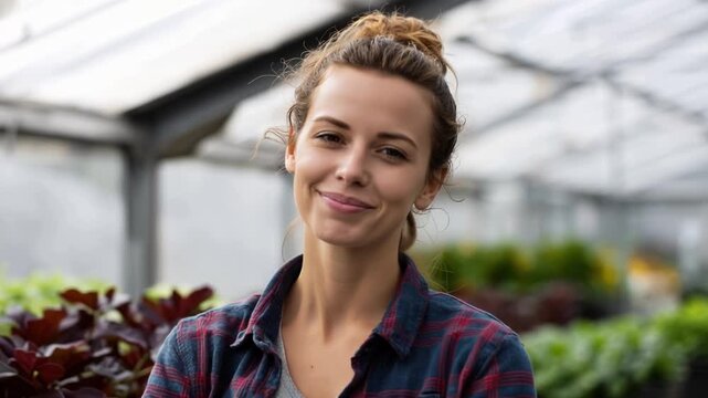 Smiling woman stands inside a greenhouse