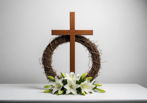 Wooden cross with grapevine wreath and white lilies