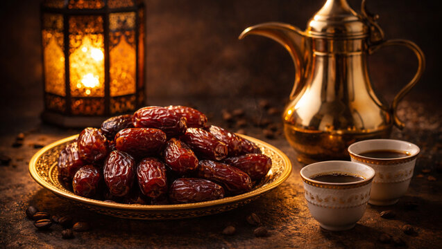Premium Medjool Dates with Arabic Coffee and Ramadan Lantern &ndash; Traditional Middle Eastern Iftar Hospitality