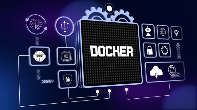 Futuristic docker interface featuring containerized software icons for web automation, digital infrastructure and tech growth