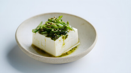 Silken tofu scallion oil sesame steamed tofu topped with scallion and sesame in ceramic bowl, simple fresh Asian appetizer with green garnish